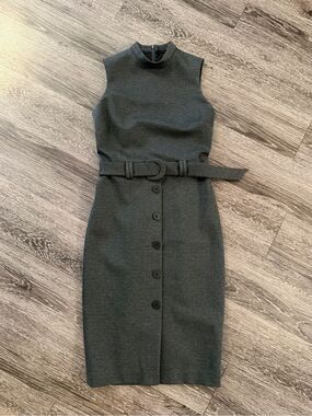 Pure Navy Grey Belted Pencil Midi Dress